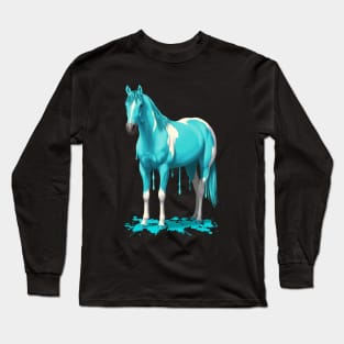 Bright Cyan Blue Pinto Dripping Wet Paint Horse Long Sleeve T-Shirt